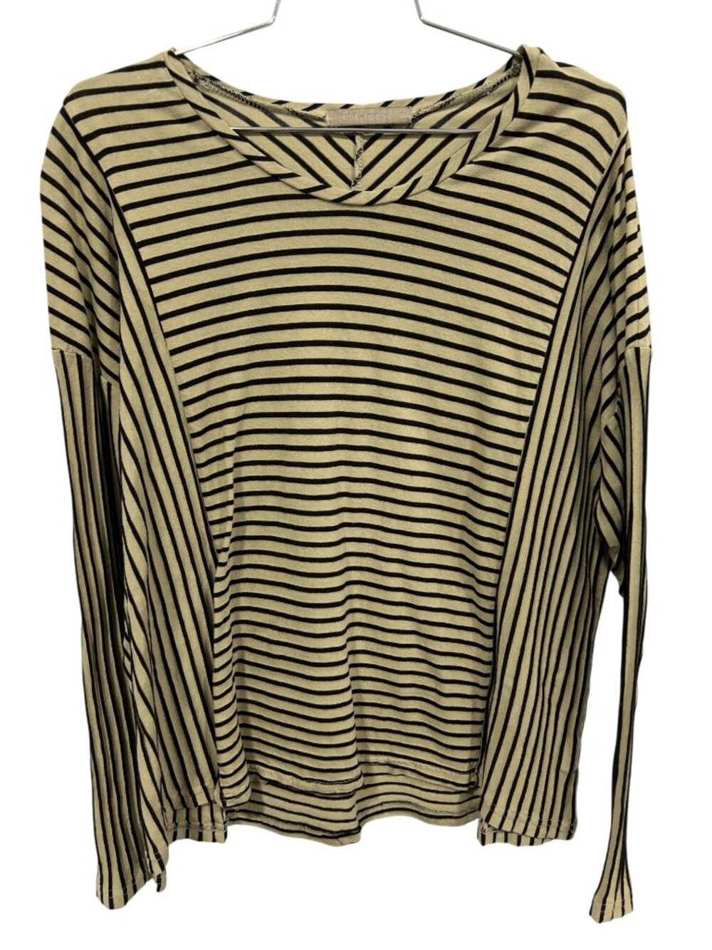 Cut Loose Top Small Striped Long Sleeve Black Beige Cotton Blend Casual Relaxed